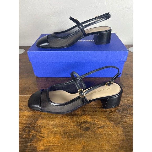 Stuart Weitzman Maeve Mary Jane Slingback Mesh Pumps Black SK655 Square Toe 8B - Picture 2 of 8